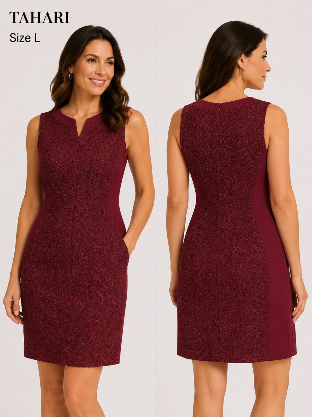 Tahari Burgundy Sheath Dress Size L Textured Sleeveless Career Dress